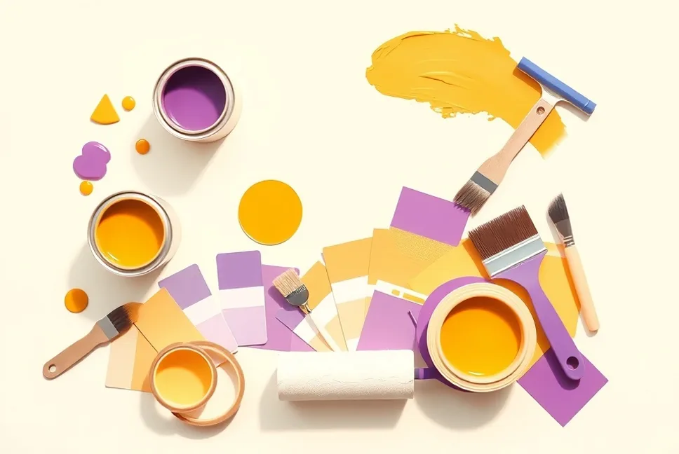 Pots de peinture, nuancier, brosses et rouleaux disposés à plat
