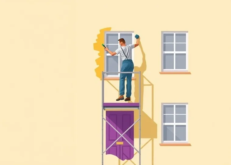 Peintre sur échafaudage traitant la façade d'une maison